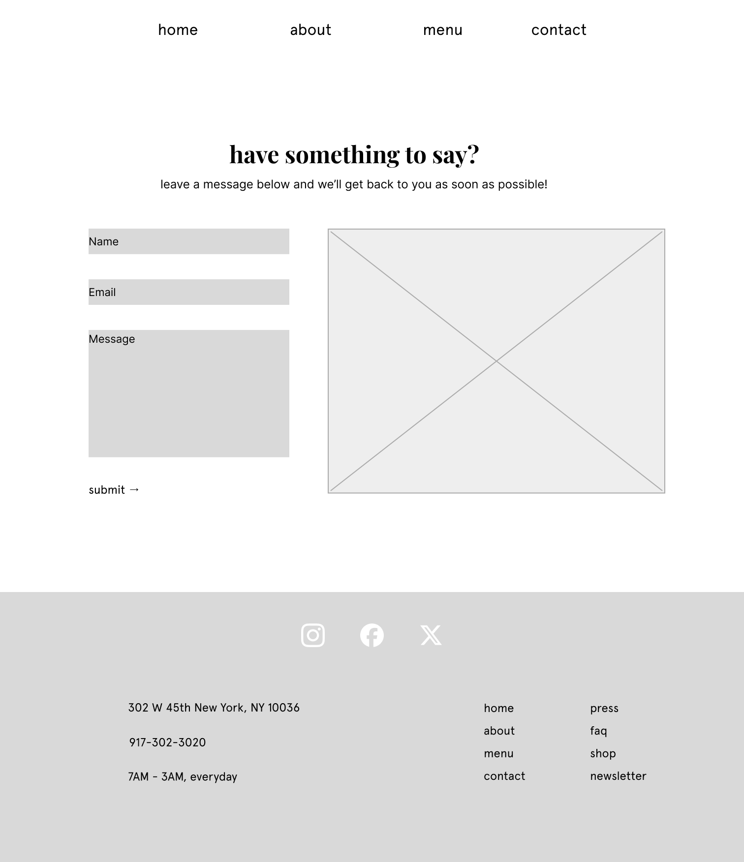 low fidelity wireframe of the contact page
