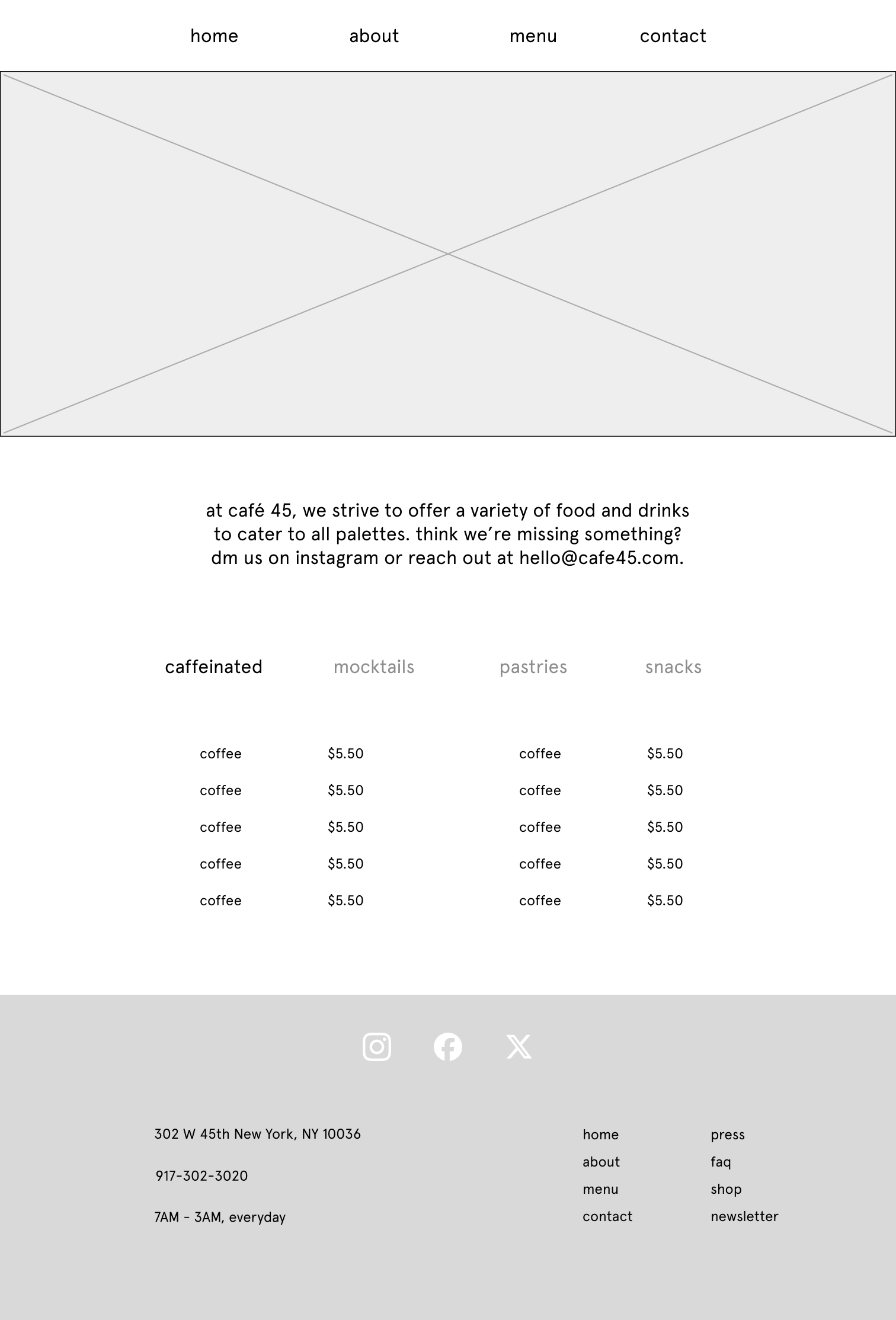 low fidelity wireframe of the menu page