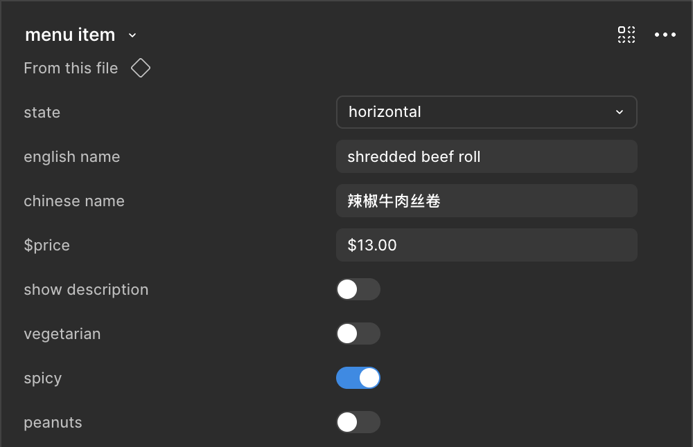 figma properties panel for the menu item component