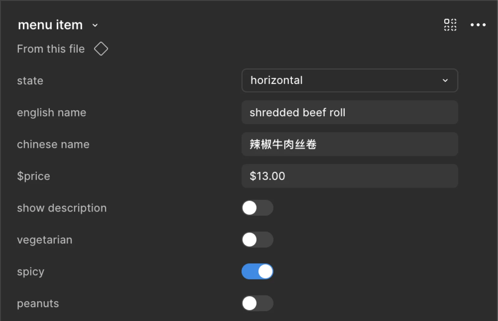 figma properties panel for the menu item component