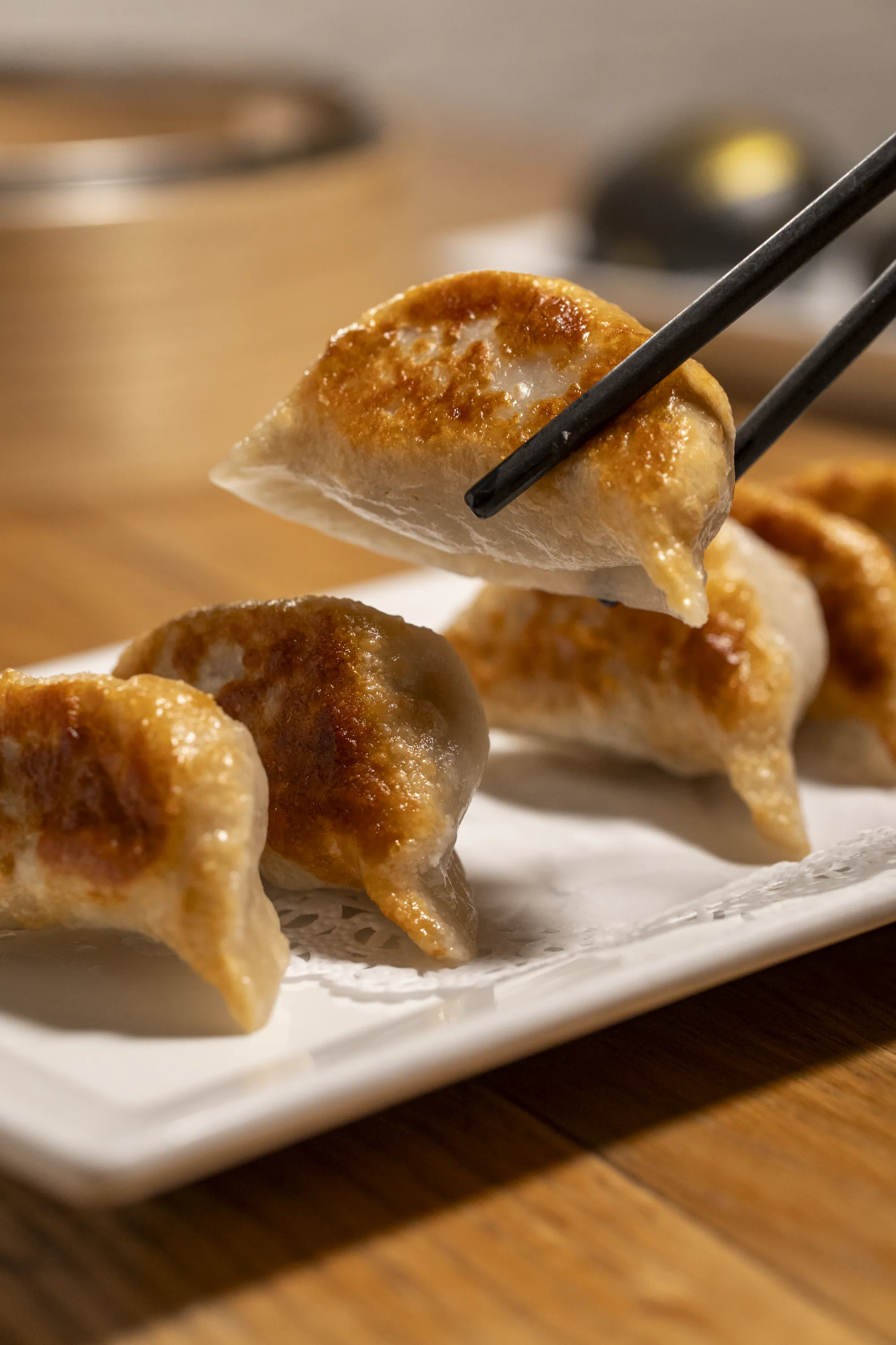pan-fried pork dumplings held by chopsticks